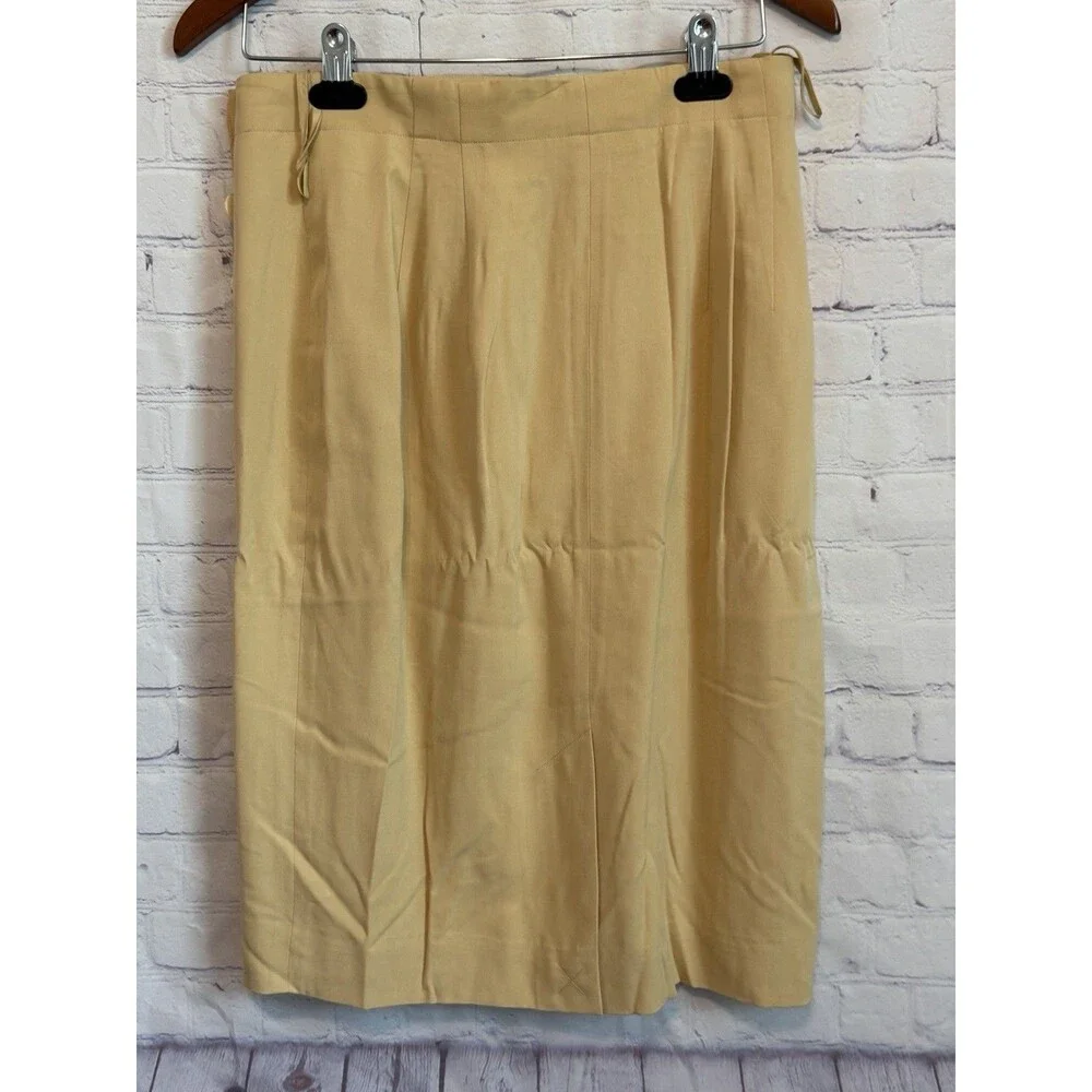VTG Dana Buchman 100% Silk Midi Pencil Skirt Tan Yellow Mock Wrap Button Size 10